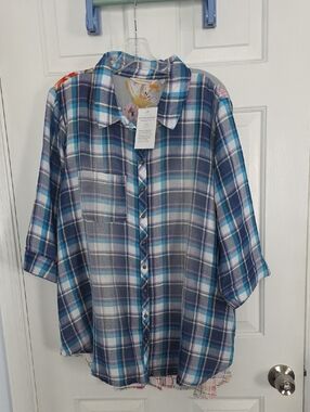 Soft Surroundings Women's Blue Plaid Embriodered Button-Up Shirt 1x NWT